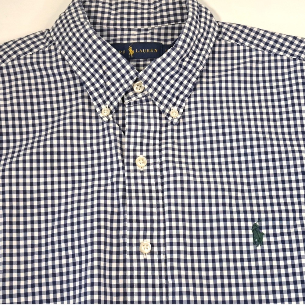 Ralph Lauren Gingham Shirt Mens L Blue White Green Pony Long Sleeve Cotton
